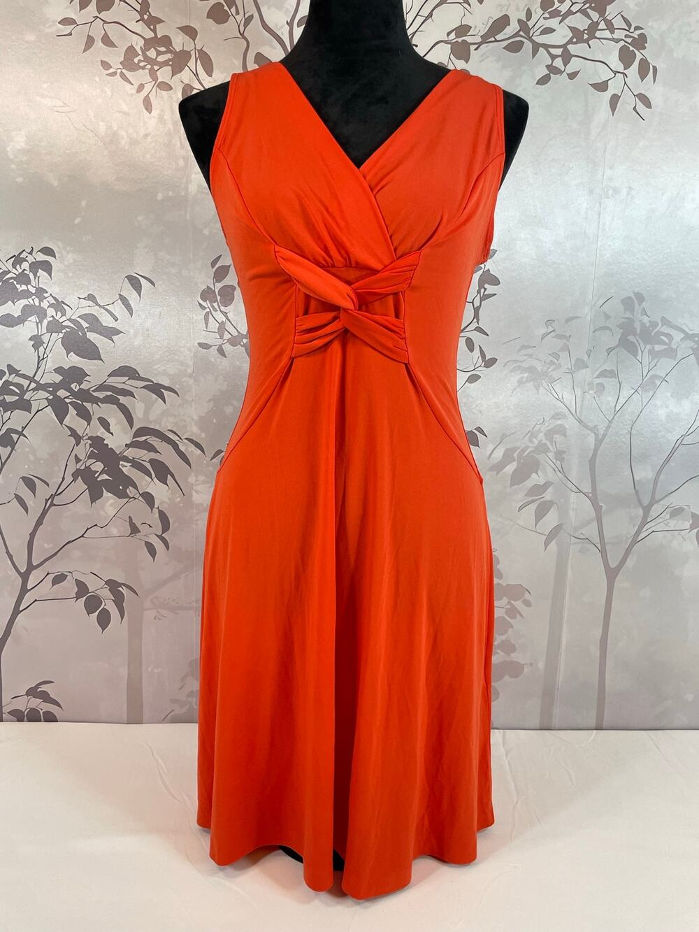 Jonathan Martin Twist Front V-Neck Dress Red Orange 10 A-Line Stretch Midi